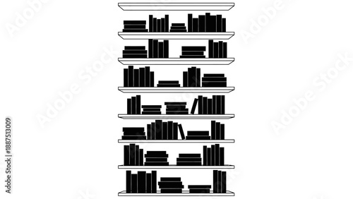 Minimalist bookshelf silhouette with various books on shelves.