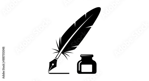 Quill pen and inkwell on white background writing instrument vintage literary creative art supplies