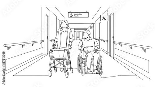 High-Quality Continuous Line Art of Independent Wheelchair User in Accessible Corridor, Person Using Walker Safely