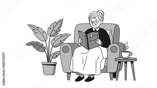 Senior woman reading a book in an armchair with coffee.