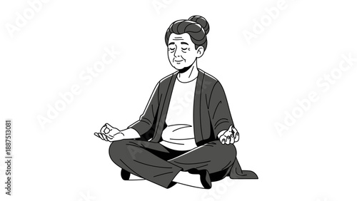 Senior woman practicing yoga meditation in lotus pose illustration.