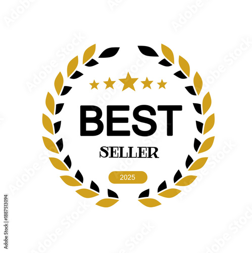 Gold and black best seller 2025 award icon with a laurel wreath and stars. Vector illustration for product quality, marketing success, and top-rated business achievements.