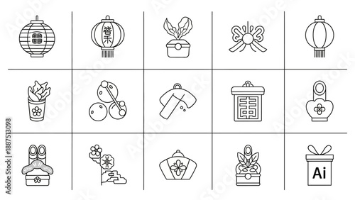 Various icons and symbols line drawings.