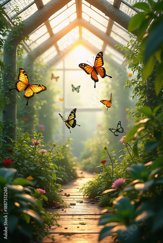 Butterflies flying in a beautiful greenhouse garden with flowers
