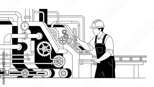 Factory Worker Operating Industrial Machinery Line Art