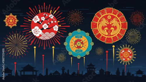 Vibrant fireworks display over a silhouetted cityscape traditional Asian festival celebration festive graphic element for hol