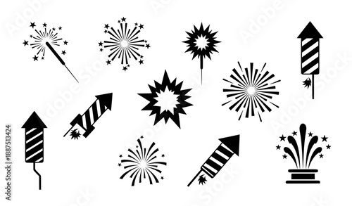 Cute black firework and sparkler vector icons for celebrations and party designs