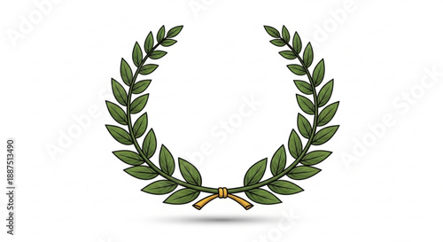Laurel wreath with green leaves and gold ribbon on white background symbolizing achievement and honor