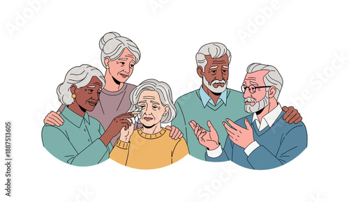 Group of Senior Friends Comforting a Grieving Woman Illustration