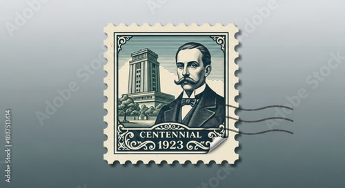 Vintage 1923 centennial stamp featuring man in suit and historic building on gradient background