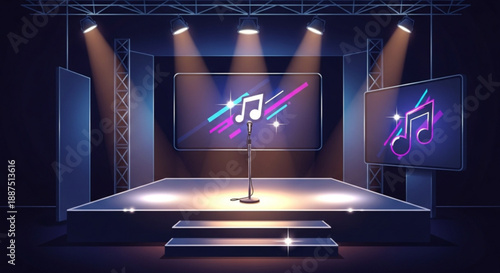Illuminated stage with microphone and music note graphics on screens dramatic lighting concert atmosphere entertainment setting