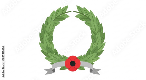 Laurel wreath with red poppy and ribbon symbolizing honor remembrance and achievement in a simple elegant design on white background
