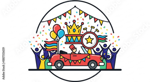 Colorful illustration of people celebrating with a decorated car under a festive tent