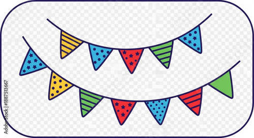 Colorful triangular bunting flags on a transparent background for party decoration