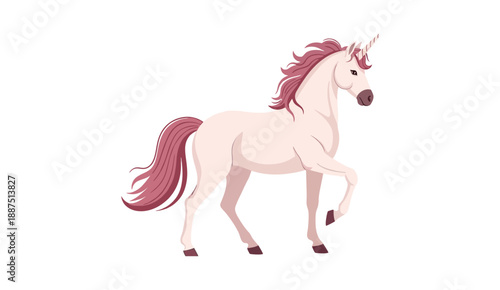 Elegant Pink Unicorn Standing Vector Illustration Isolated on White Background.