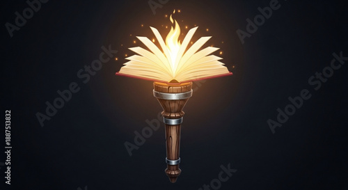 Burning book torch with flames on top symbolizing knowledge and passion against a dark background