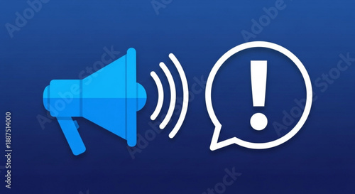 Megaphone and exclamation mark icons on blue background for announcement alert or notification concept