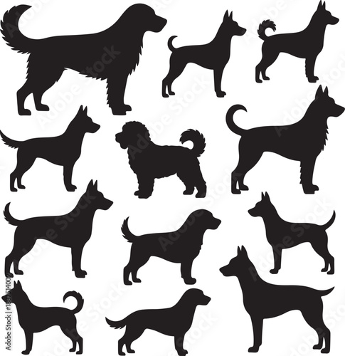 Collection of various dog breeds in black silhouette