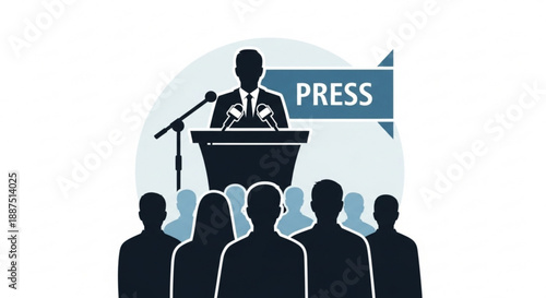 Businessman giving press conference speech to audience with microphone and podium