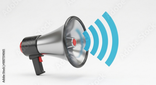 Megaphone with blue sound waves on white background for communication and announcement