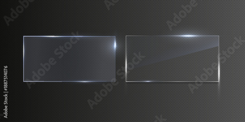 Flat glass plate, transparent banners, realistic screen glass, window mockup, clear glass showcase, glossy plastic glare frame, acrylic with glares and light, clear rectangular plate