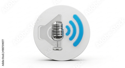 Podcast recording symbol with microphone and blue wi fi signal on white background for online broadcasting