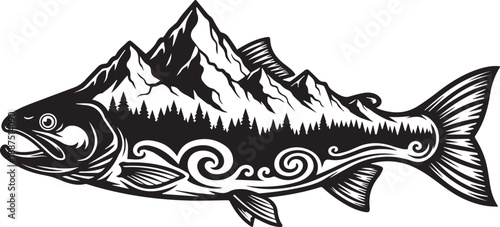 Salmon Fish with its Fin Shaped As Mountain Silhouette vector black on a white background