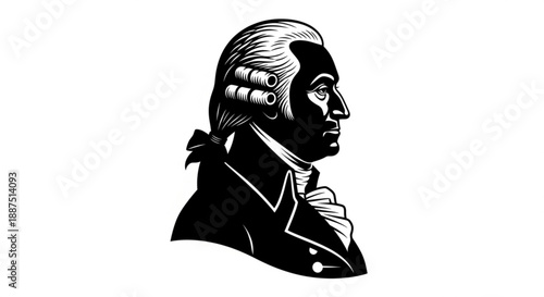 Elegant gentleman portrait illustration in black and white with detailed 18th century hairstyle and attire