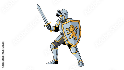 Medieval knight in full armor holding sword and lion shield illustration.