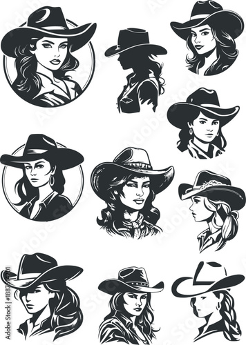 Beautiful Cowgirl Portraits and Western Woman Vector Art Set