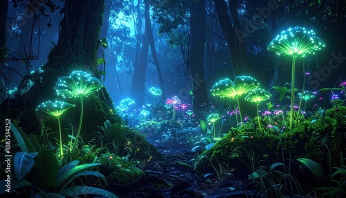 Mystical forest scene with glowing flora under a luminescent canopy