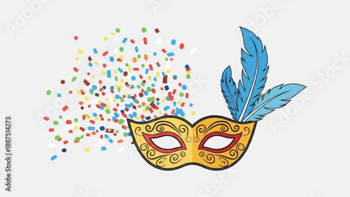 Golden Venetian Carnival Mask with Blue Feather and Confetti