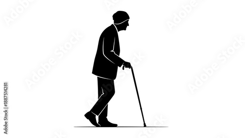 Silhouette of an elderly man walking with a cane, concept of aging, senior mobility, and healthcare.