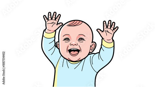 Cheerful baby boy laughing with hands raised illustration, concept of happiness, joy, and early childhood.
