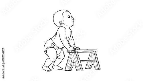 Line art illustration of a baby in diaper learning to stand up using a small wooden stool.