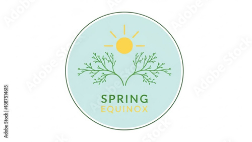 Spring Equinox Illustration with Green Branches and Yellow Sun on Light Blue Background
