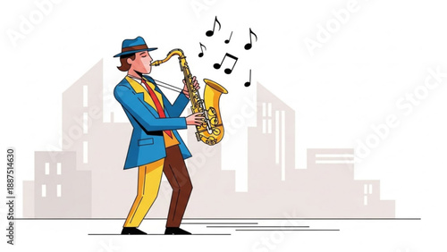 Man in hat playing saxophone in city jazz musician with musical notes illustration for music event or performance