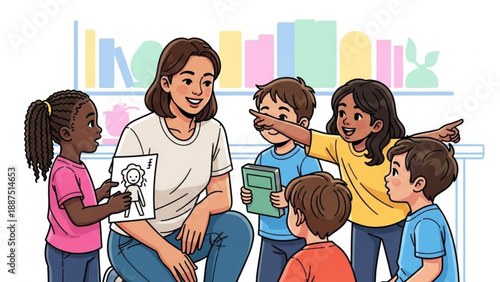 Teacher showing drawing to diverse children in classroom learning and education concept group activity for kids