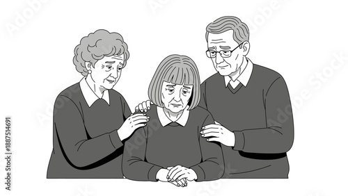 Senior people giving support and comfort to a grieving friend, empathy and mental health concept illustration.