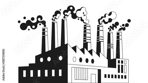 Industrial factory building with smoking chimneys vector illustration, monochrome style.