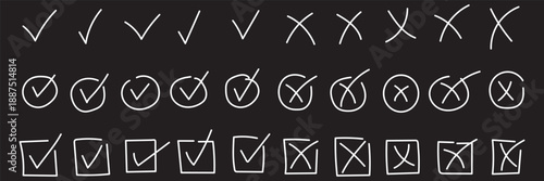 Hand-drawn black charcoal check marks and cross signs set isolated on white background.