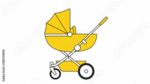 Yellow baby stroller or pram illustration in flat vector style isolated on white.