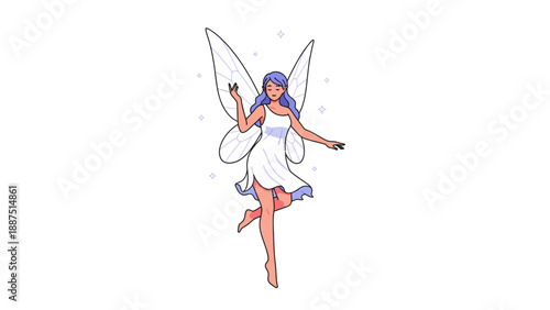 Beautiful fairy character illustration with butterfly wings and white dress in flat line art style isolated on white background.