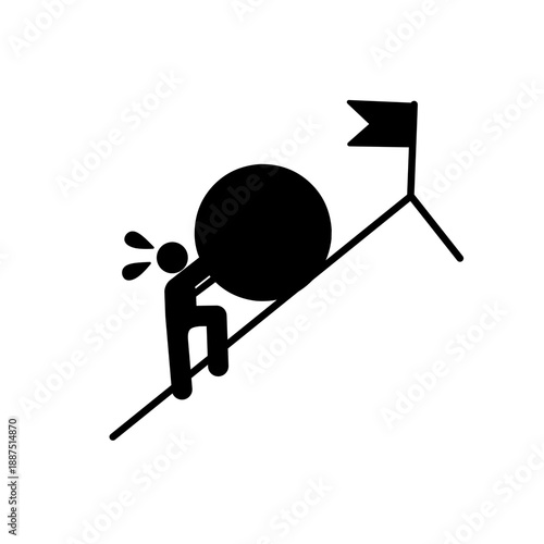 Vector illustration of a person silhouette pushing a large, heavy boulder up a steep incline toward a flag. Minimalist icon representing perseverance, determination, insurmountable tasks, and the purs