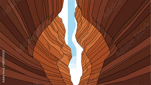 Vector illustration of a view from inside a narrow canyon (slot canyon) with layered sandstone walls and blue sky above the gap.