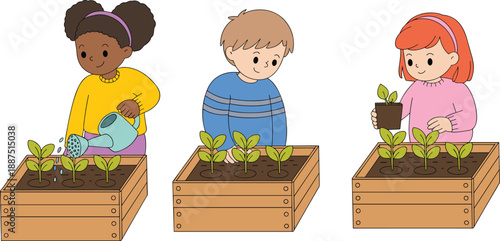 Children gardening together planting seedlings in raised beds, cute educational illustration showing teamwork, nature learning, sustainability and outdoor activity for kids and school projects