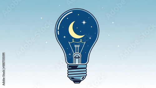 Creative Light Bulb with Moon and Stars Inside, Symbolizing Innovation and Idea Generation