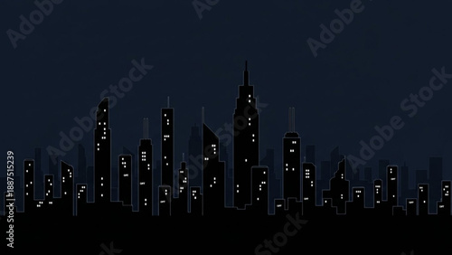 City Skyline Silhouette at Night with Illuminated Skyscrapers