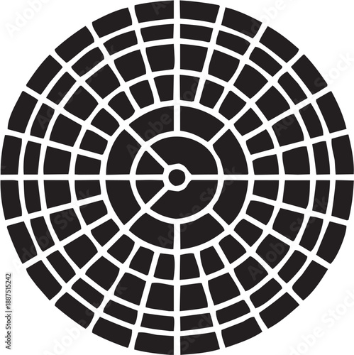 Gráfico radial en estilo blanco y negro. Patrón circular con líneas concéntricas. Trazo editable.