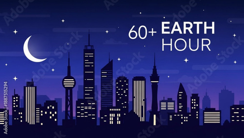 Earth Hour City Skyline at Night with Moon and Stars